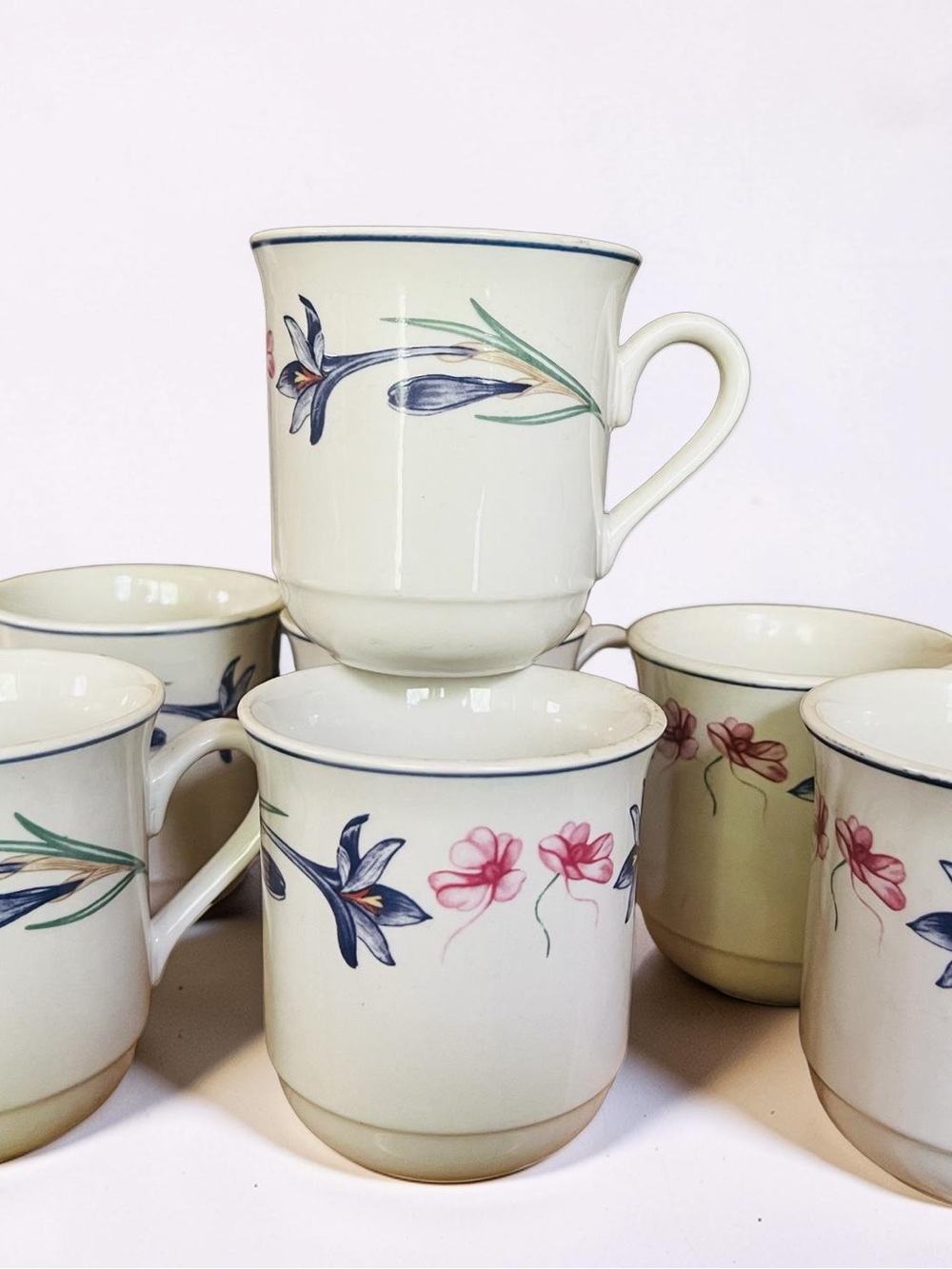 Forever Spring Floral Ceramic Mug Set - White with Blue and Pink Blooms, Ten Oz